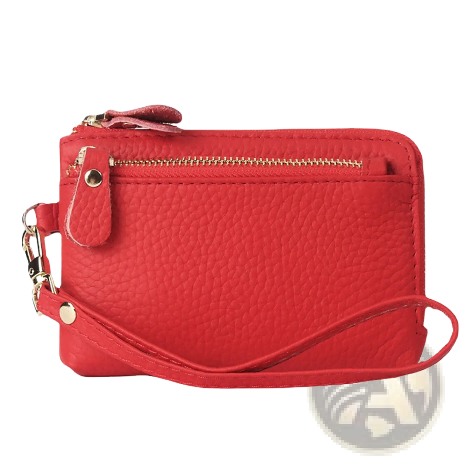 Red pebbled leather wristlet wallet with premium texture and gold-tone zipper and hardware for stylish carrying