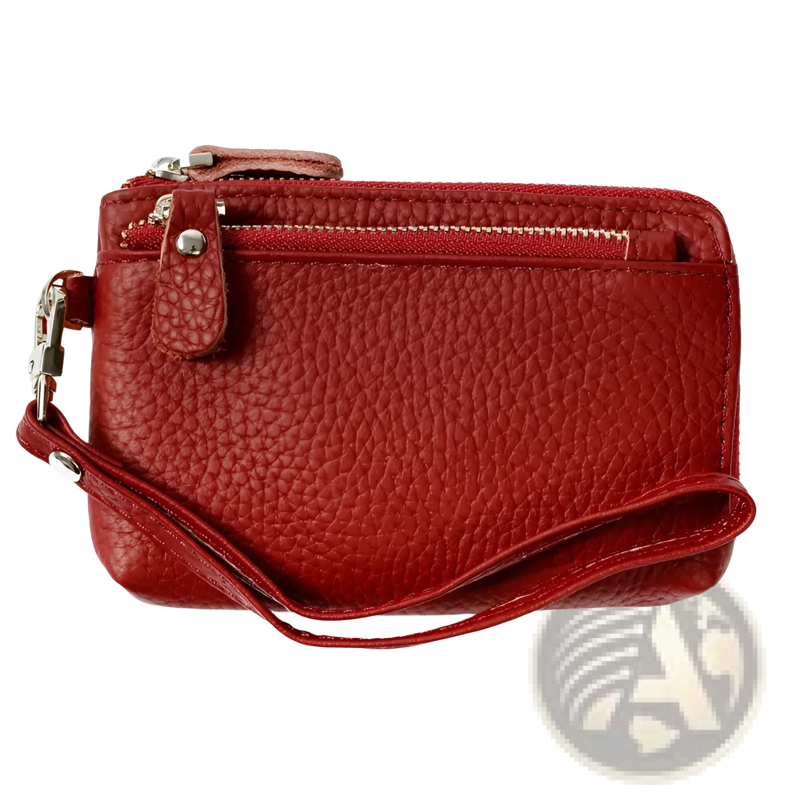 Premium textured red leather wristlet wallet with dual zippers and silver-toned metal clasp for secure storage