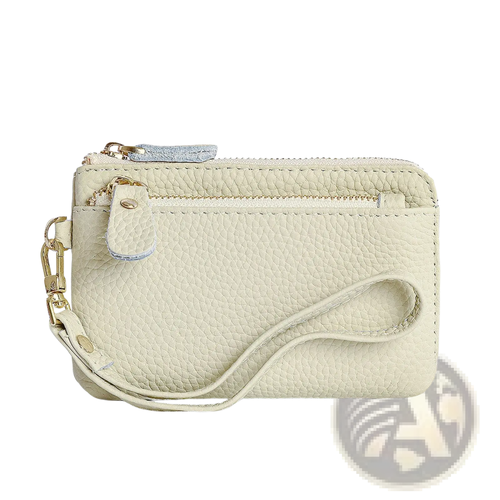 Premium textured leather wristlet wallet in cream with gold hardware and light blue zipper pull for elegant use