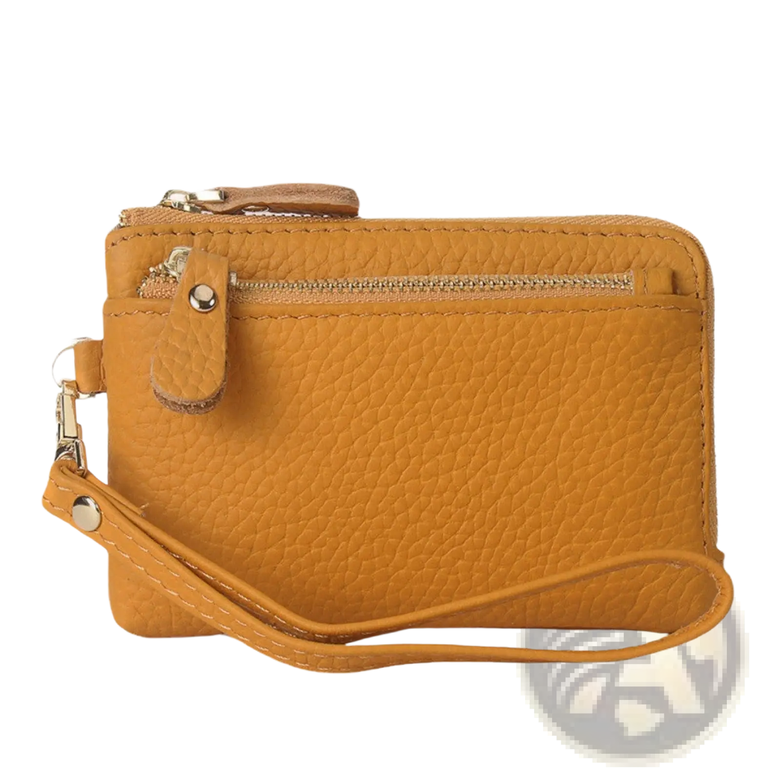 Premium textured leather wristlet wallet in mustard yellow with gold hardware zippered front and attached strap