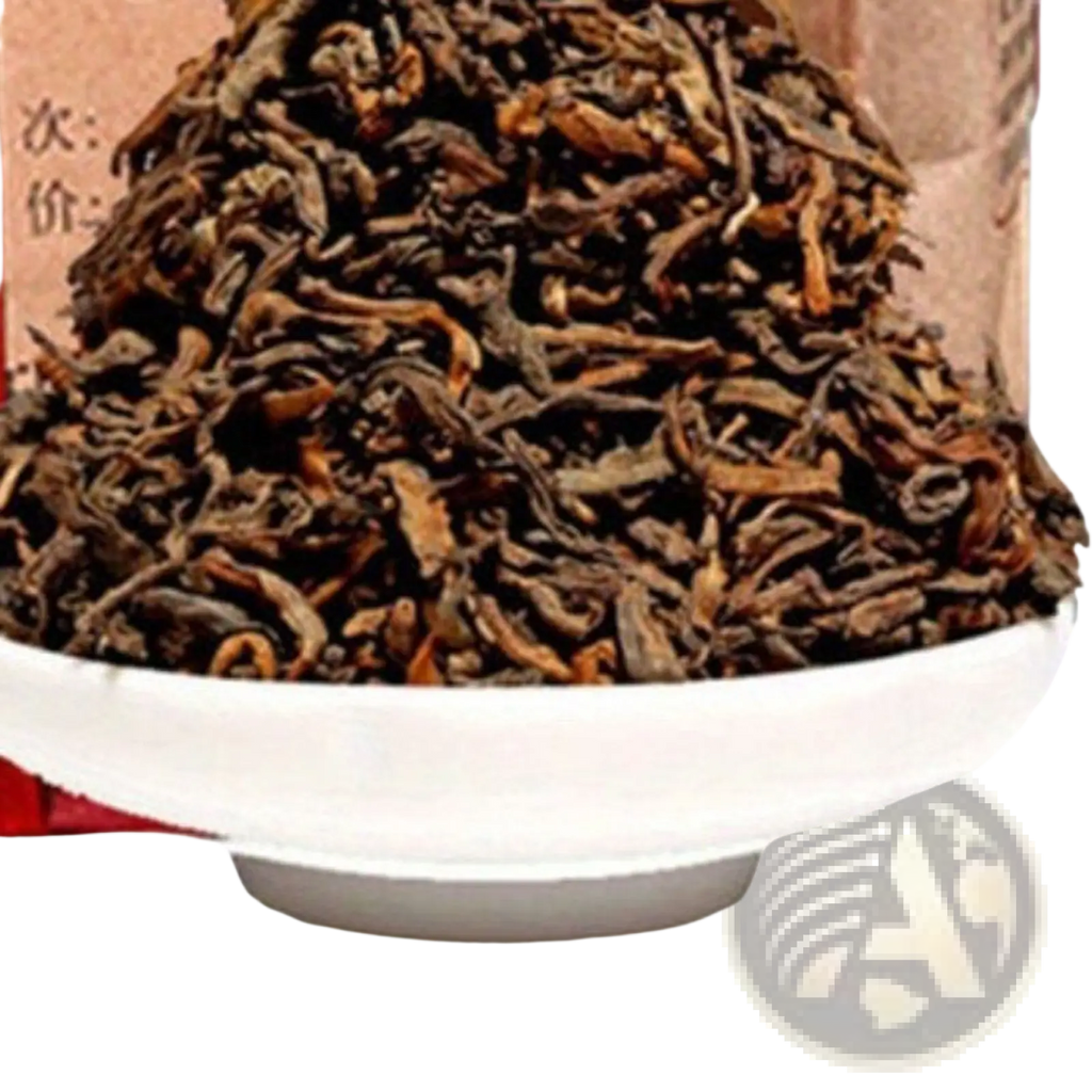 A white ceramic bowl filled with dark brown twisted loose-leaf premium Yunnan ripe puer tea 500g health care cake