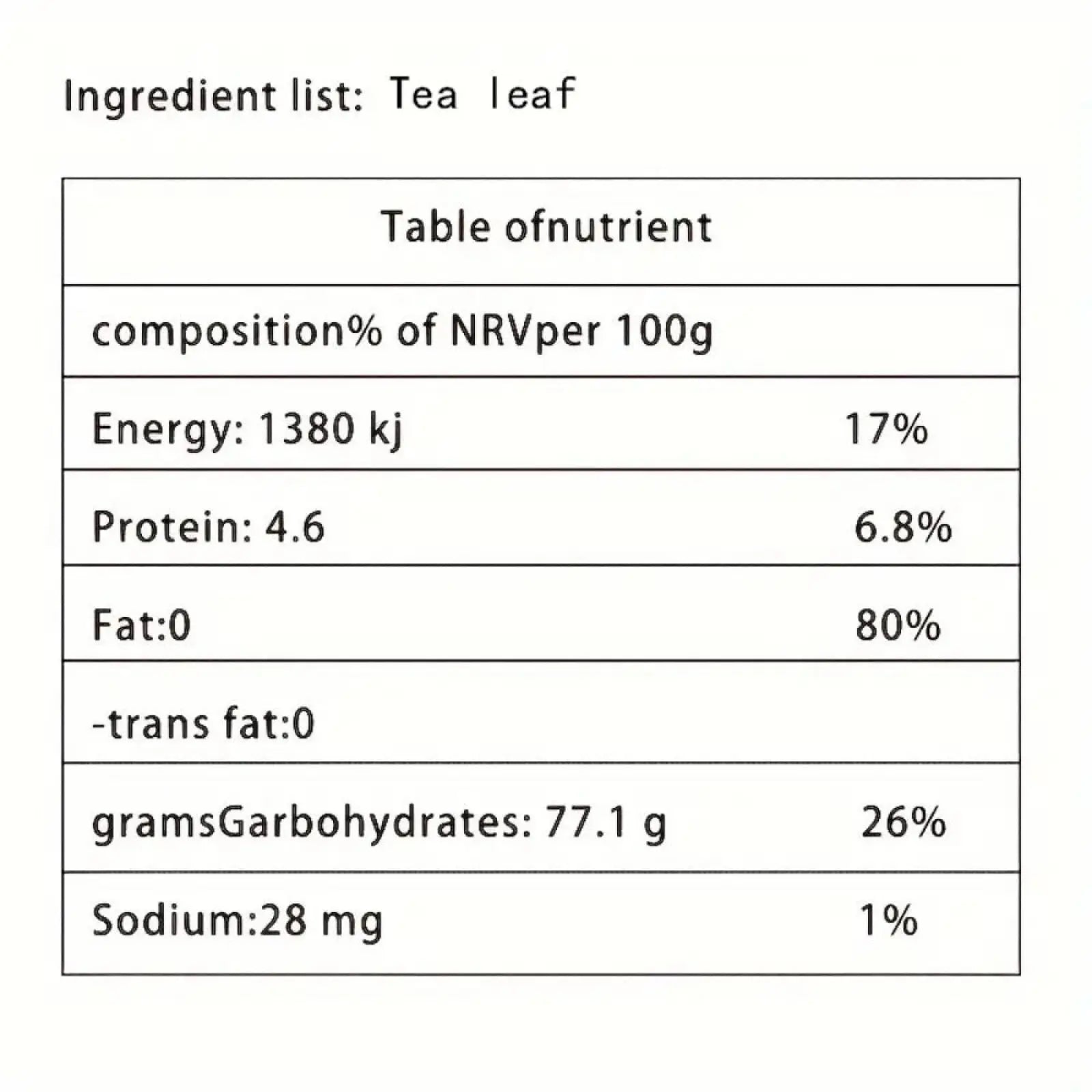 Nutrition label on the back of premium yunnan ripe puer tea 500g health care cake package showing product details