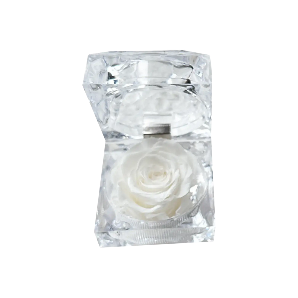 A delicate white preserved rose displayed inside a transparent faceted crystal gift box eternal flower design