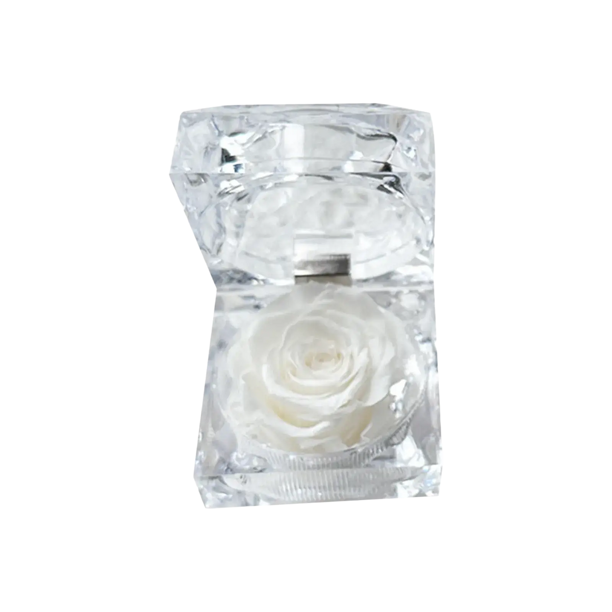 A delicate white preserved rose displayed inside a transparent faceted crystal gift box eternal flower design