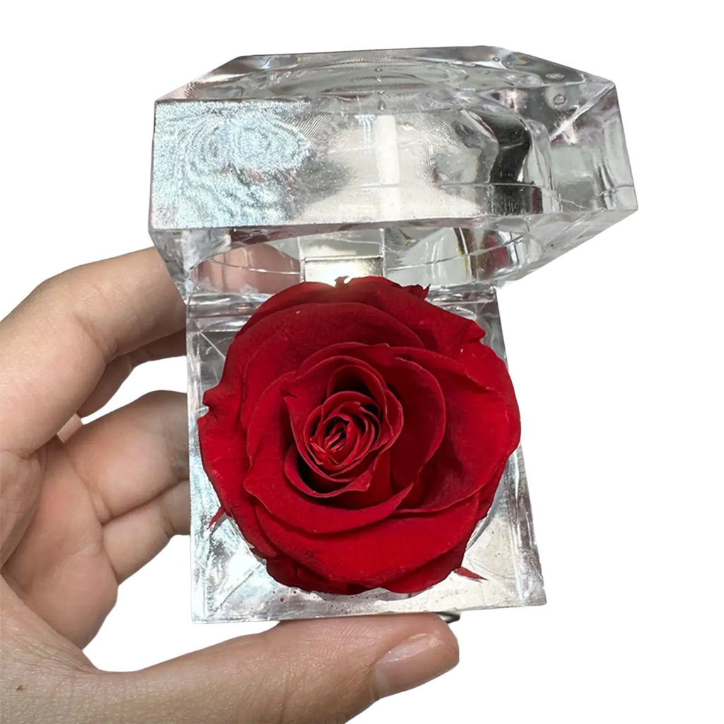 A vibrant red preserved rose encased in a faceted crystal gift box with an ornate silver-foiled lid
