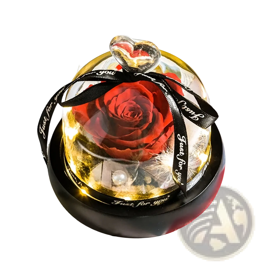A preserved rose led glass dome gift featuring a glowing red rose with white feathers inside a heart-shaped top dome
