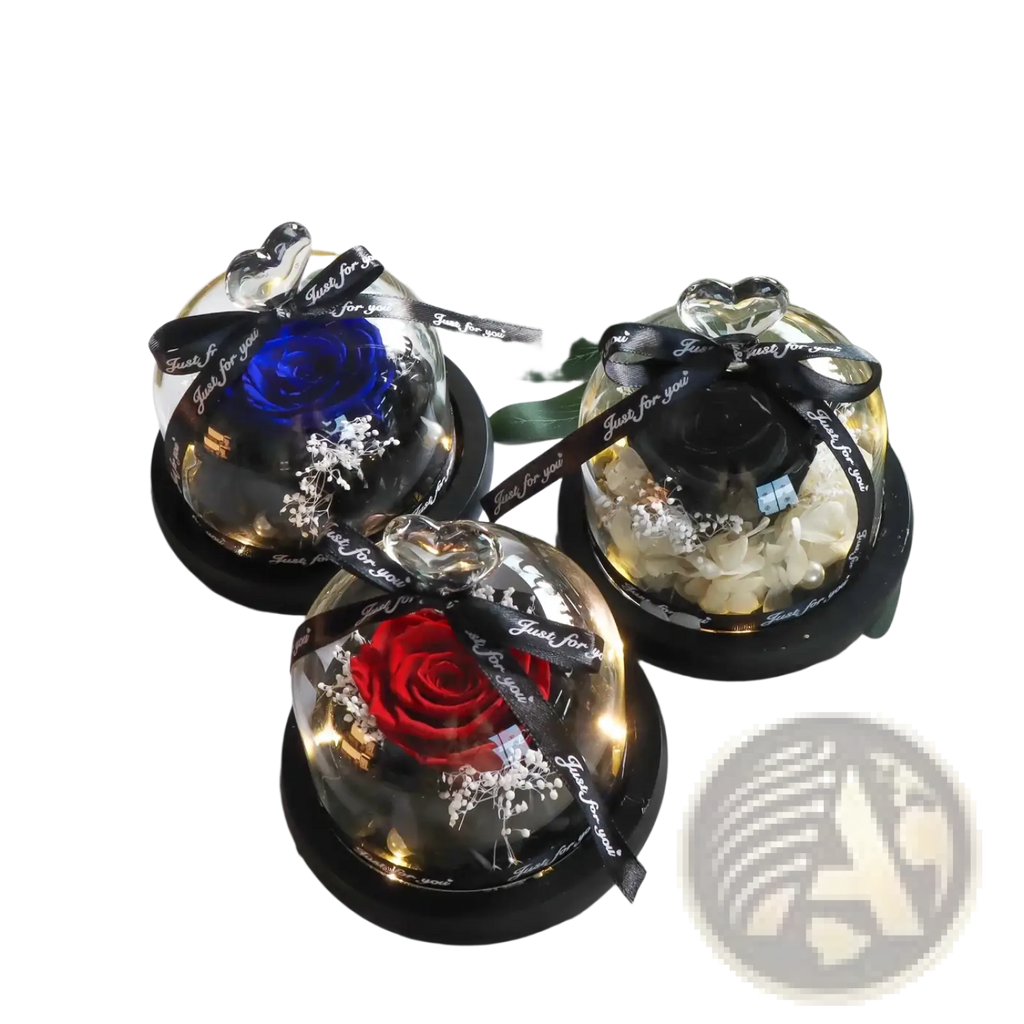 Three preserved roses in glass domes with heart-shaped crystal toppers and black ribbons in a LED gift set