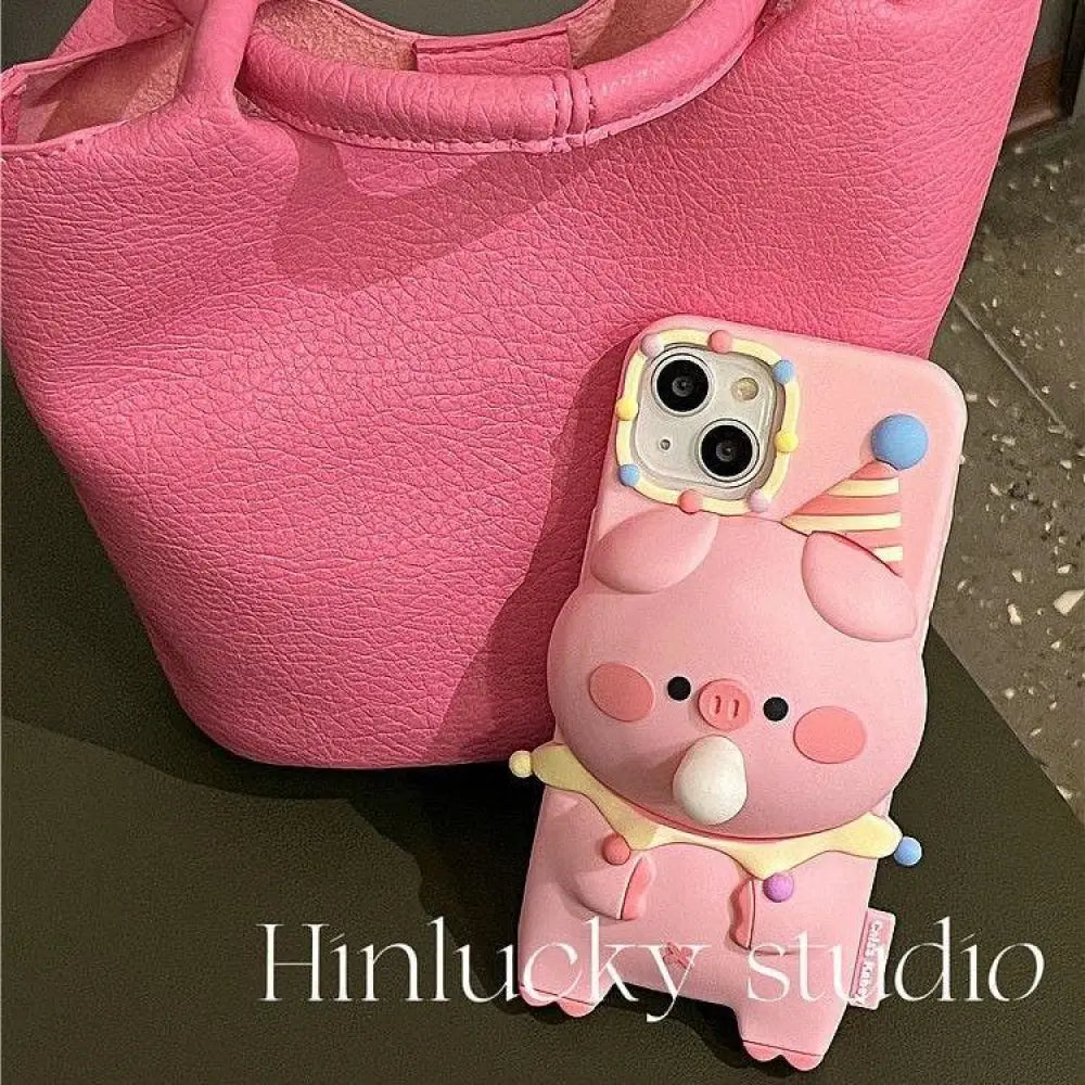 Pink pig-shaped 3d cartoon silicone phone case with bubble popping stress relief and colorful party hat decorations