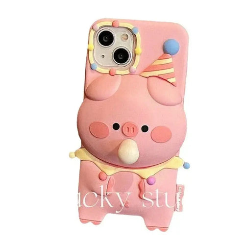 Pink silicone 3d pig cartoon bubble popping phone case with striped party hat and colorful pom-pom collar