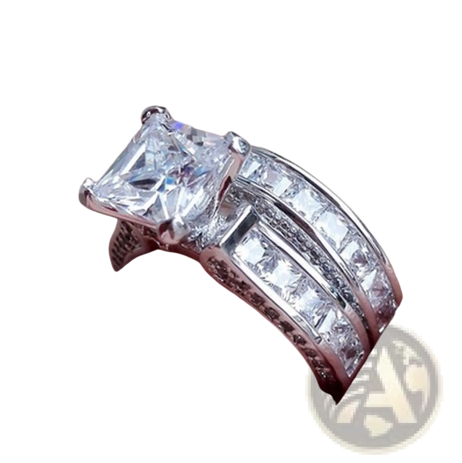 A sparkling silver princess cut cz engagement ring set with a large center stone and detailed matching bands