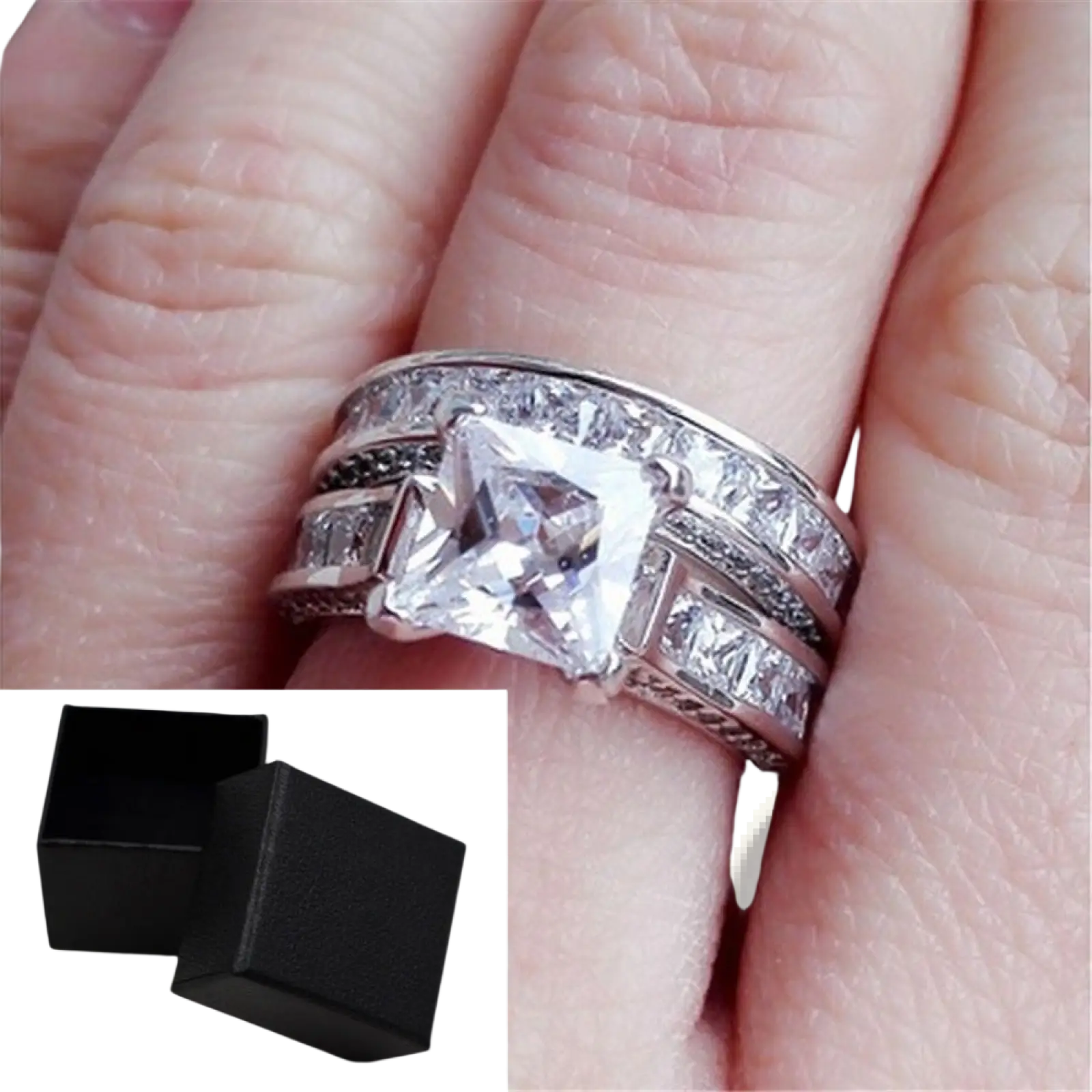 Silver-toned princess cut cz couple anniversary ring set with central clear gemstone and baguette and round accents