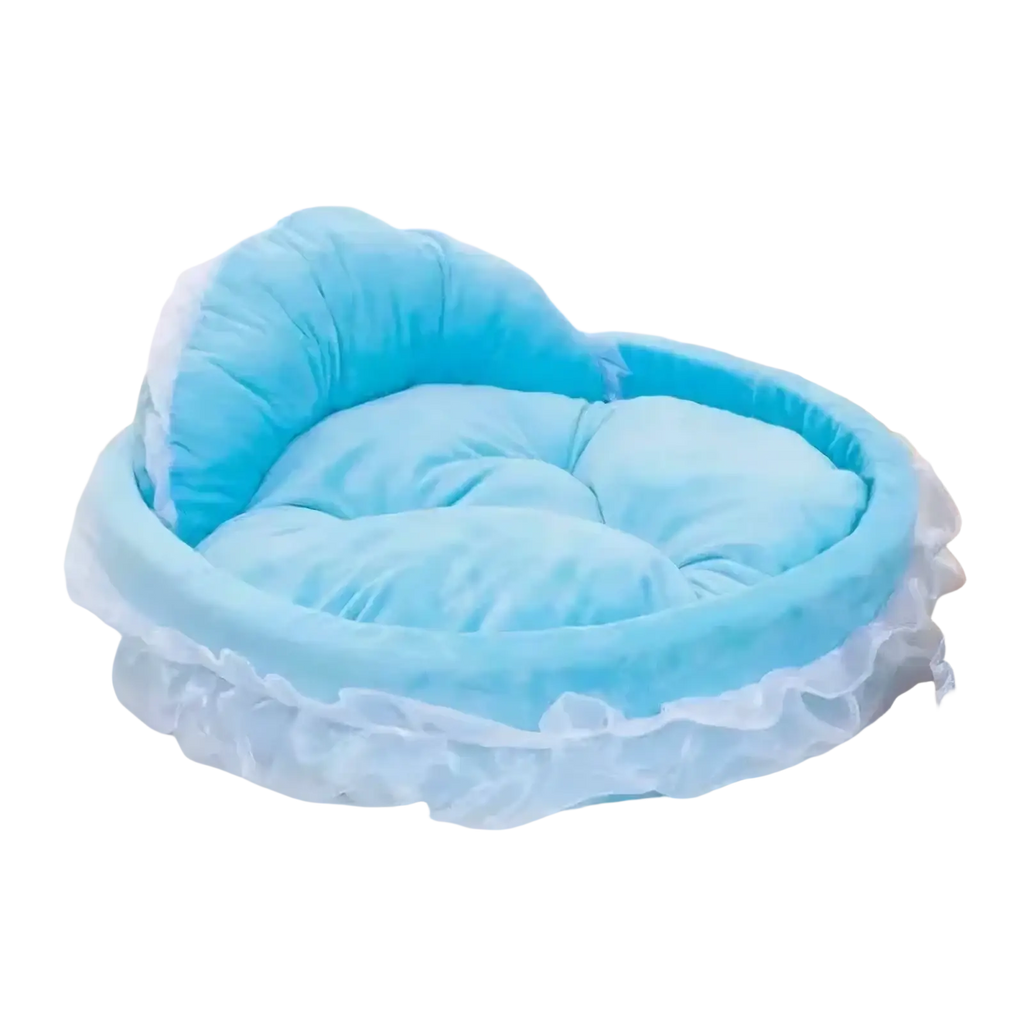 Light blue plush princess pet bed for dogs and cats with ruffled white lace trim for added elegance