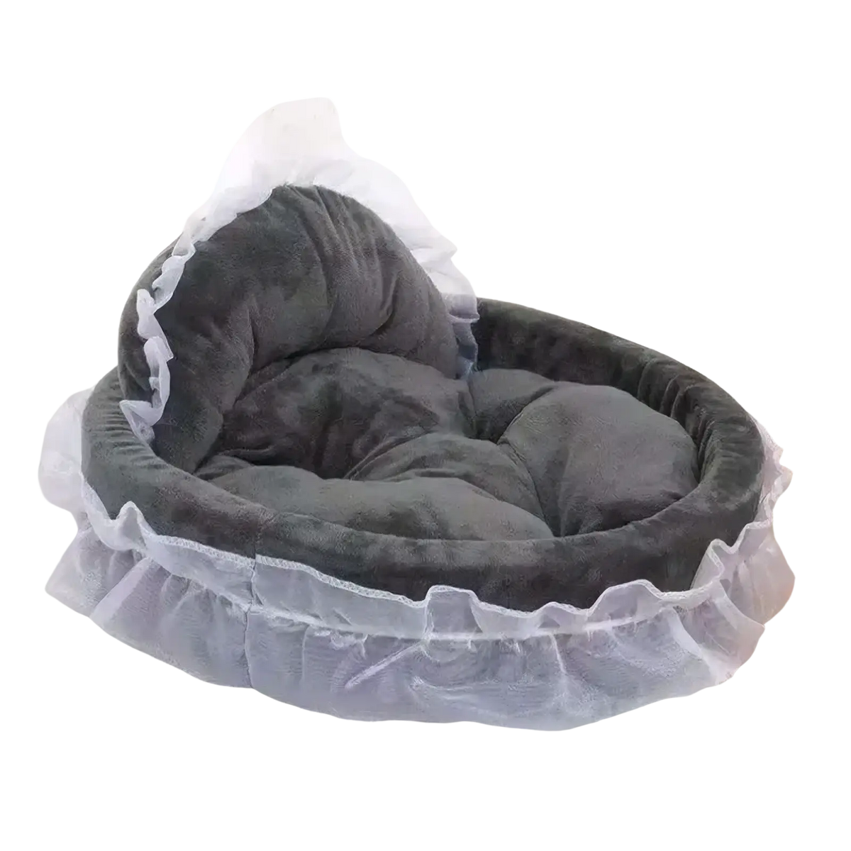 Gray plush pet bed with ruffled white lace trim designed for dogs and cats in the princess pink lace collection