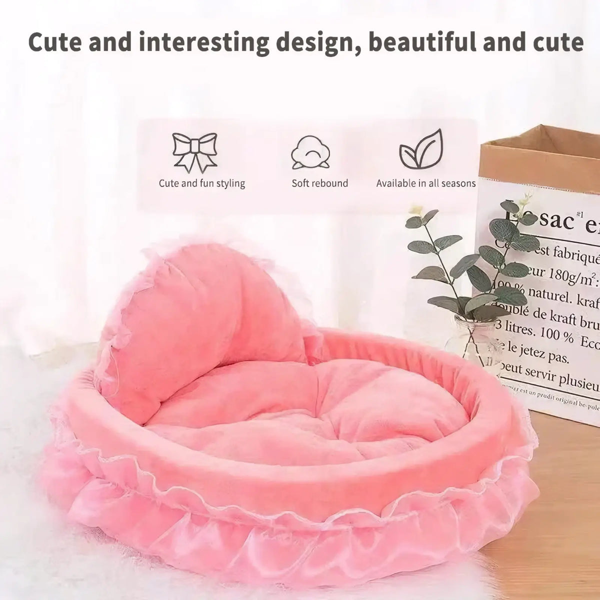 Princess pink lace pet bed for dogs and cats with pink plush material ruffled edges and matching pillow