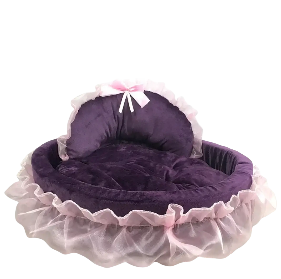 Purple velvet pet bed for dogs and cats with pink ruffled trim and a matching bow titled princess pink lace pet bed