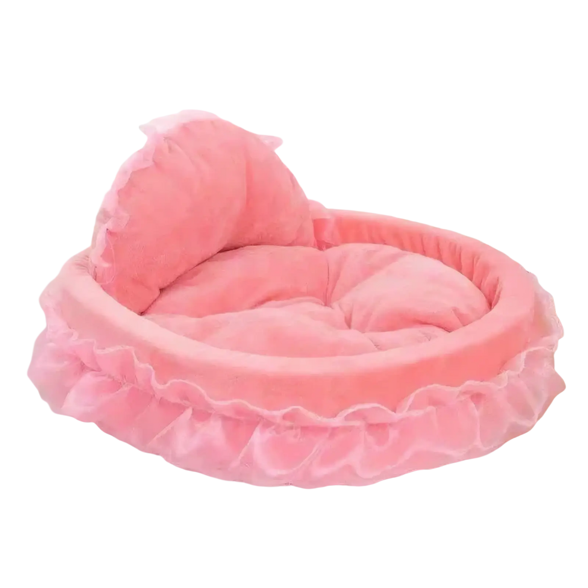 Princess pink lace pet bed with ruffled design plush velvet interior and matching pillow for dogs and cats