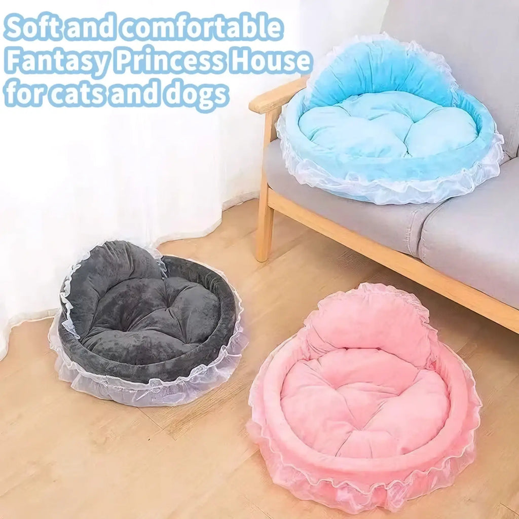 Soft plush princess pink lace pet bed for dogs and cats with ruffled trim and quilted cushioning in pastel colors