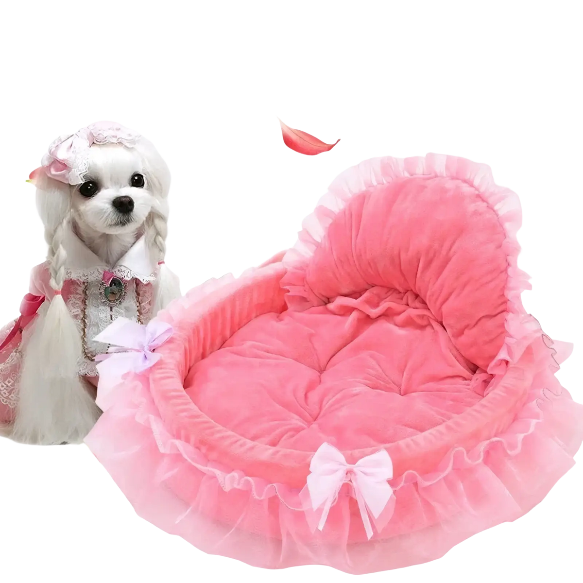 Pink velvet princess pet bed for dogs and cats with ruffled tulle skirt and white bows elegant lace design