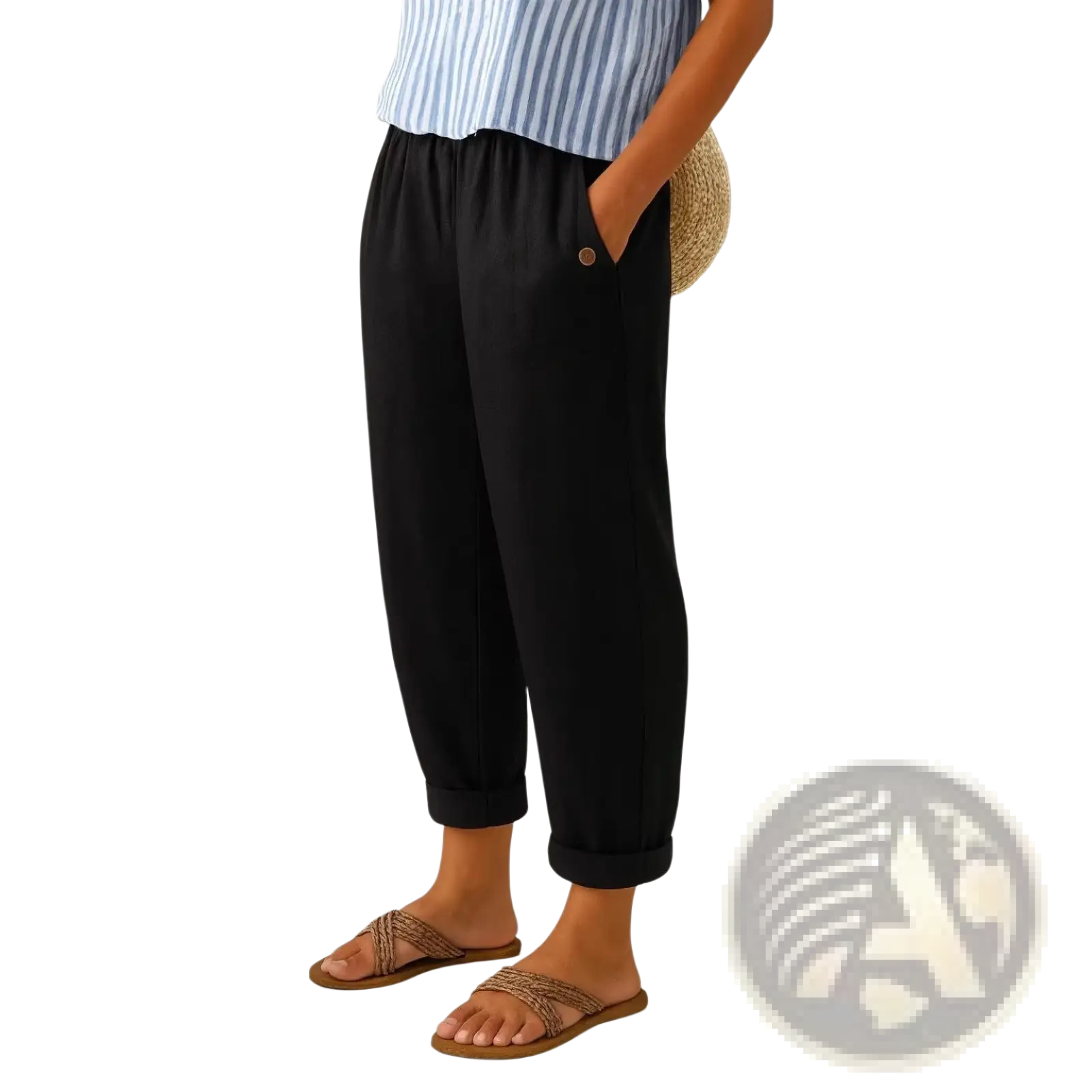 Black loose-fitting printed button casual linen pants with rolled cuffs and a button detail on the side pocket