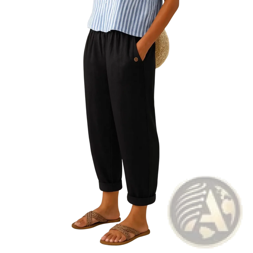 Black loose-fitting printed button casual linen pants with rolled cuffs and a button detail on the side pocket
