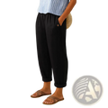 Black loose-fitting printed button casual linen pants with rolled cuffs and a button detail on the side pocket
