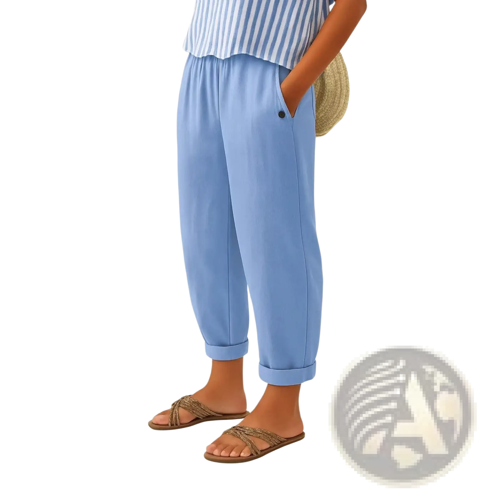 Light blue printed button casual linen pants with soft fabric, rolled cuffs, and a small black side seam button