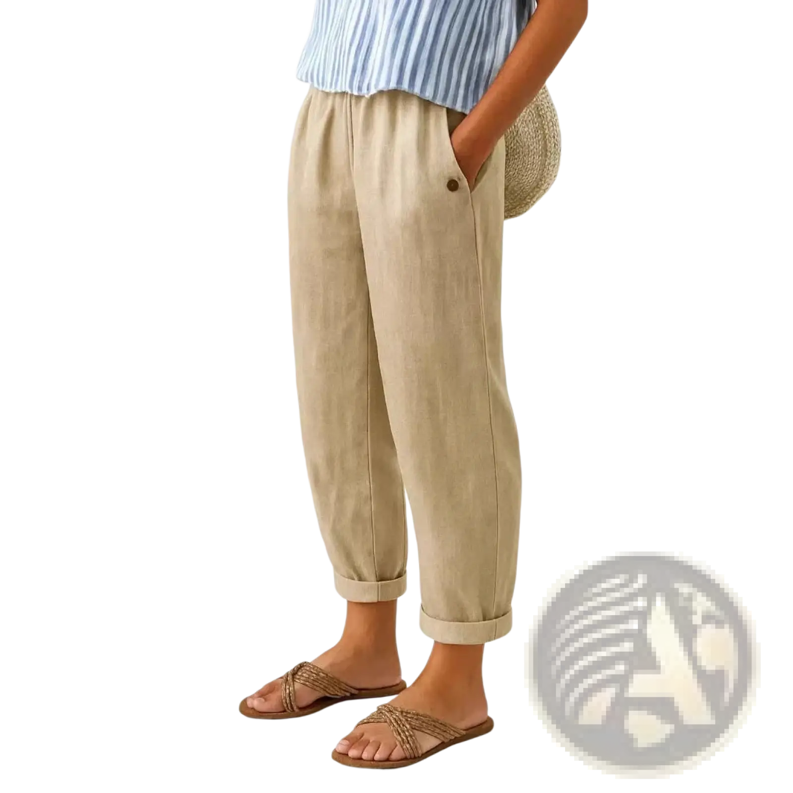 Beige printed button casual linen pants featuring rolled cuffs and a single side seam button for a relaxed fit