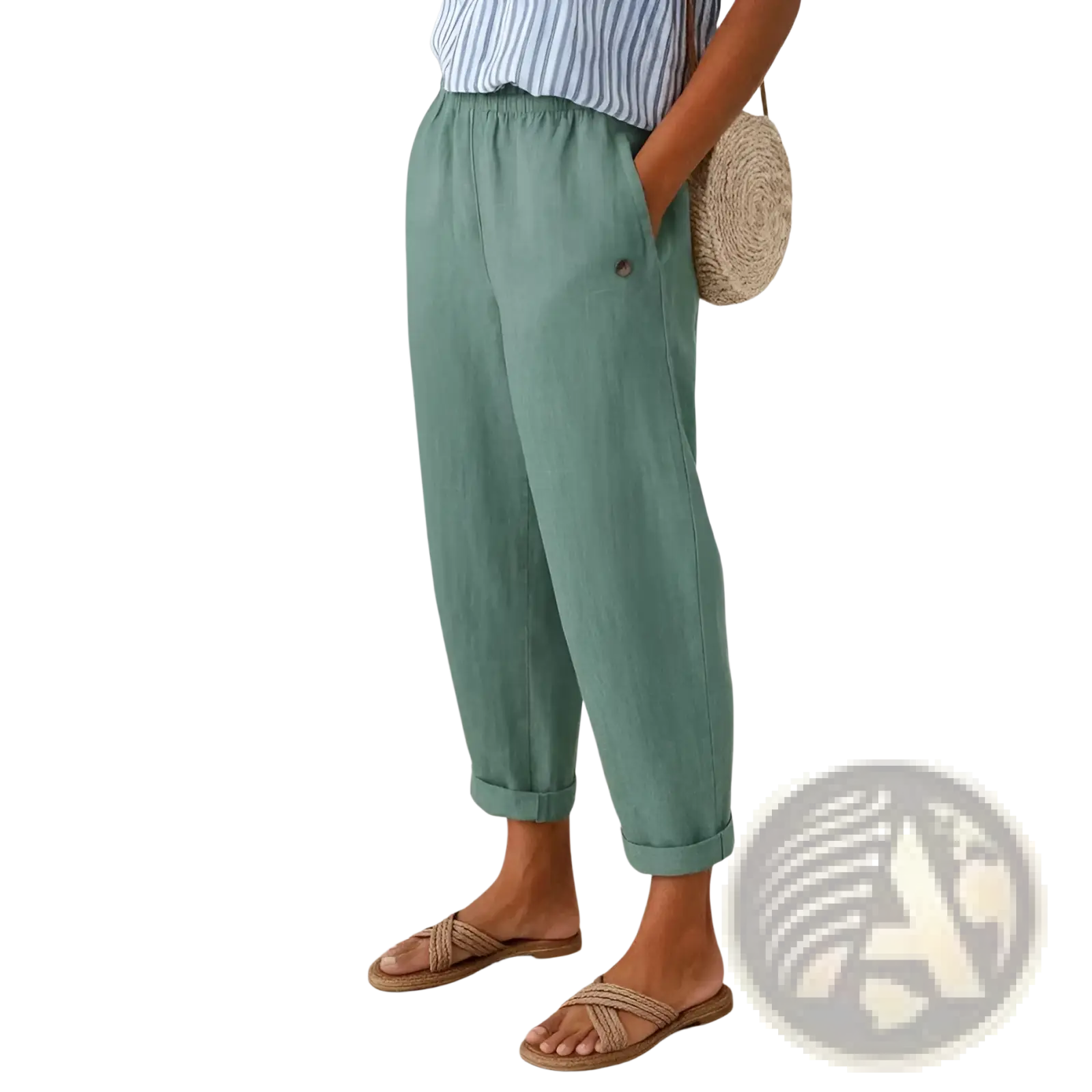 Mint green printed button casual linen pants with rolled cuffs and small button detail on the thigh