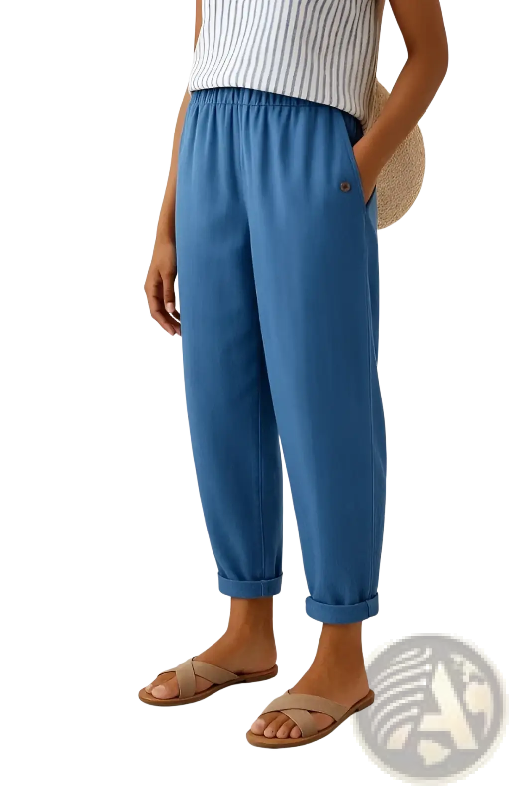 Printed button casual linen pants in blue cotton with elastic waistband and rolled cuffs for comfortable wear
