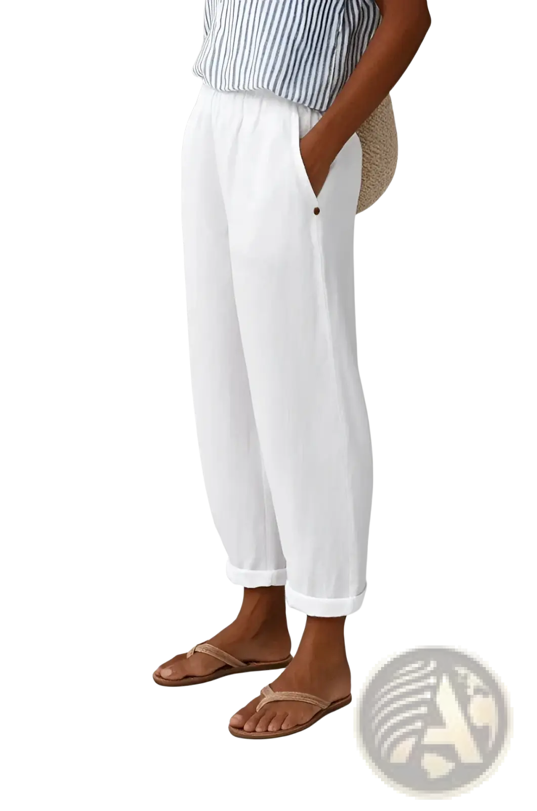 White loose-fitting linen printed button casual pants with rolled cuffs and side seam button detail