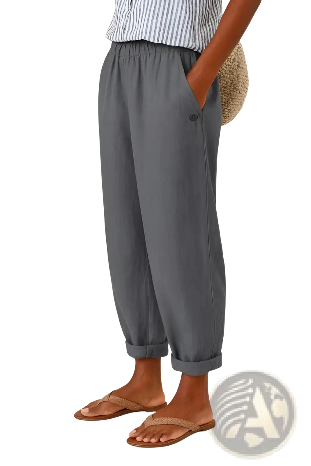 Gray printed button casual linen pants with a relaxed tapered fit and rolled cuffs for comfortable wear