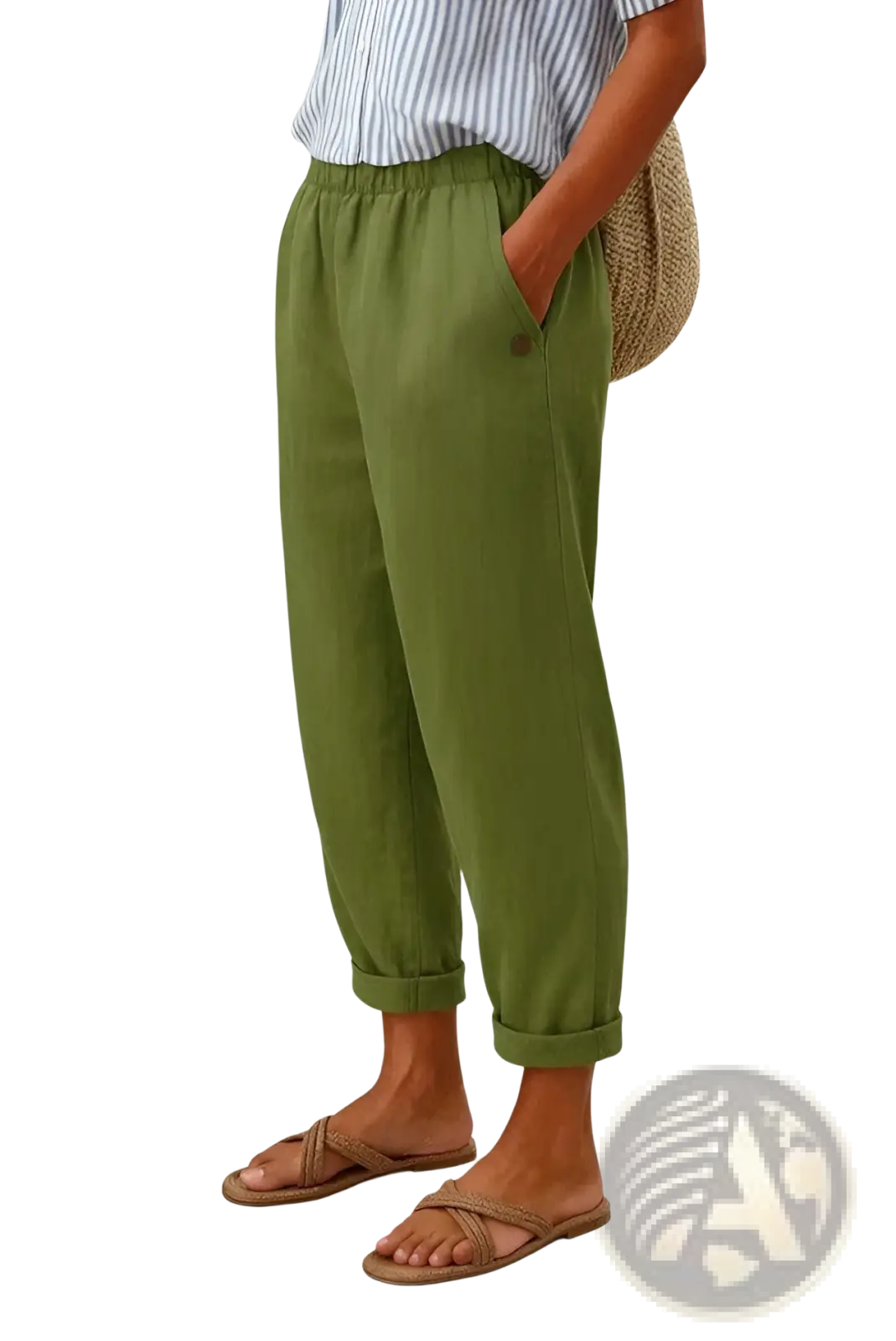 Olive green printed button casual linen pants with elastic waistband and rolled cuffs made of breathable linen