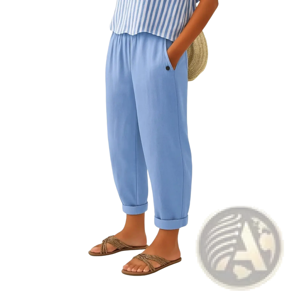 Light blue printed button casual linen pants with soft fabric, rolled cuffs, and side pocket featuring a black button