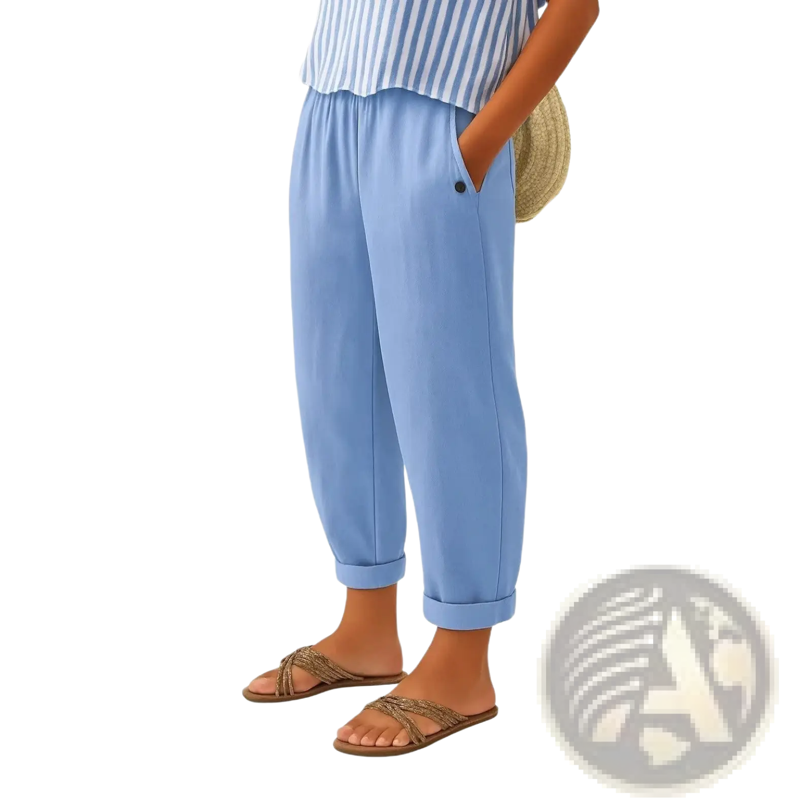 Light blue printed button casual linen pants with soft fabric, rolled cuffs, and side pocket featuring a black button