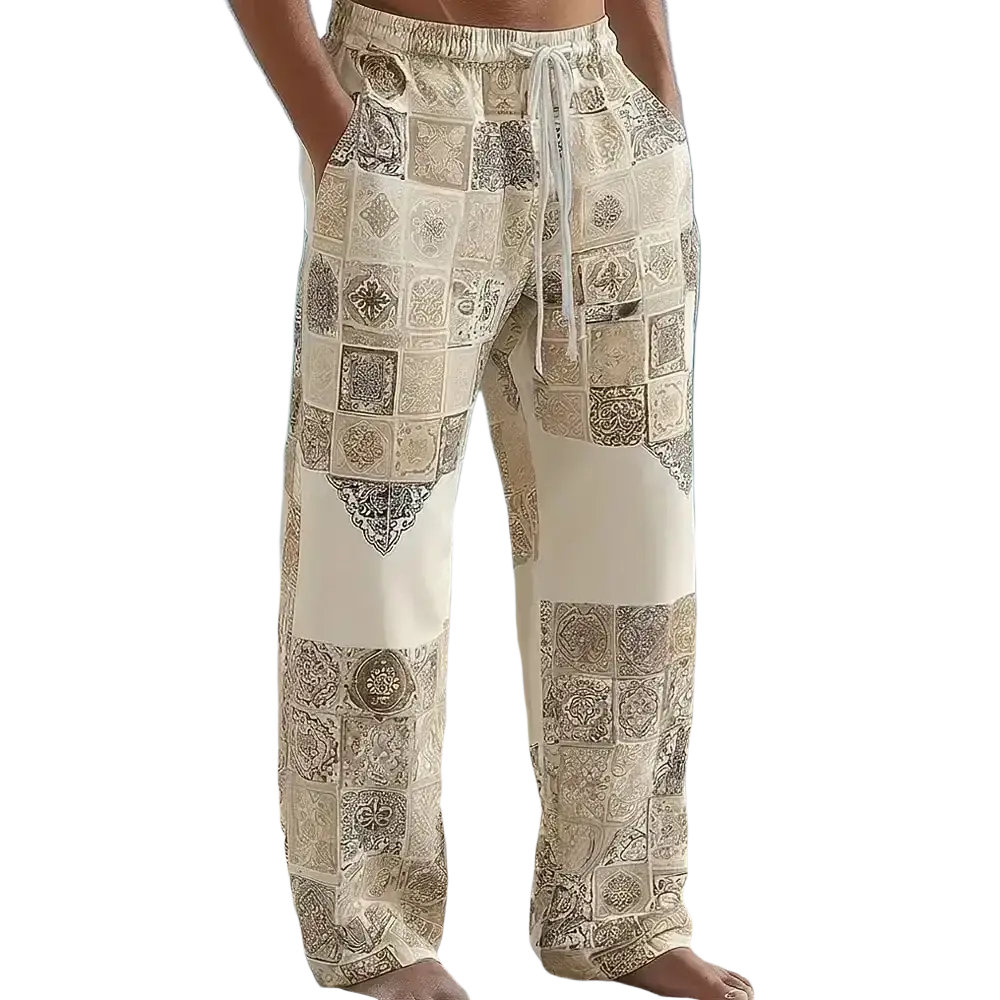 Beige and taupe patterned wide-leg printed casual drawstring trousers with ornate square patchwork motifs