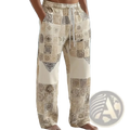 Beige and gold patterned printed casual drawstring trousers with loose fit and comfortable waistband for everyday wear