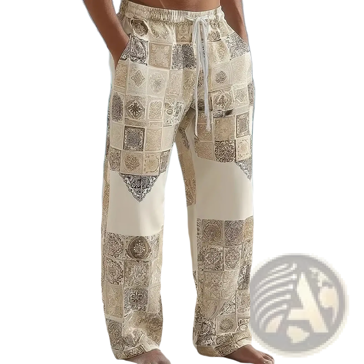 Beige and gold patterned printed casual drawstring trousers with loose fit and comfortable waistband for everyday wear