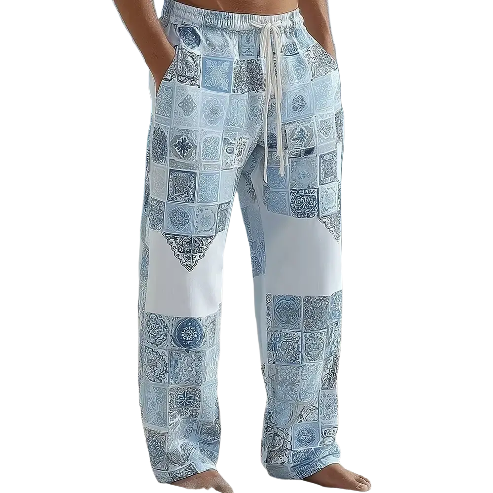 Light blue and white patterned loose-fitting printed casual drawstring trousers with a comfortable waistband