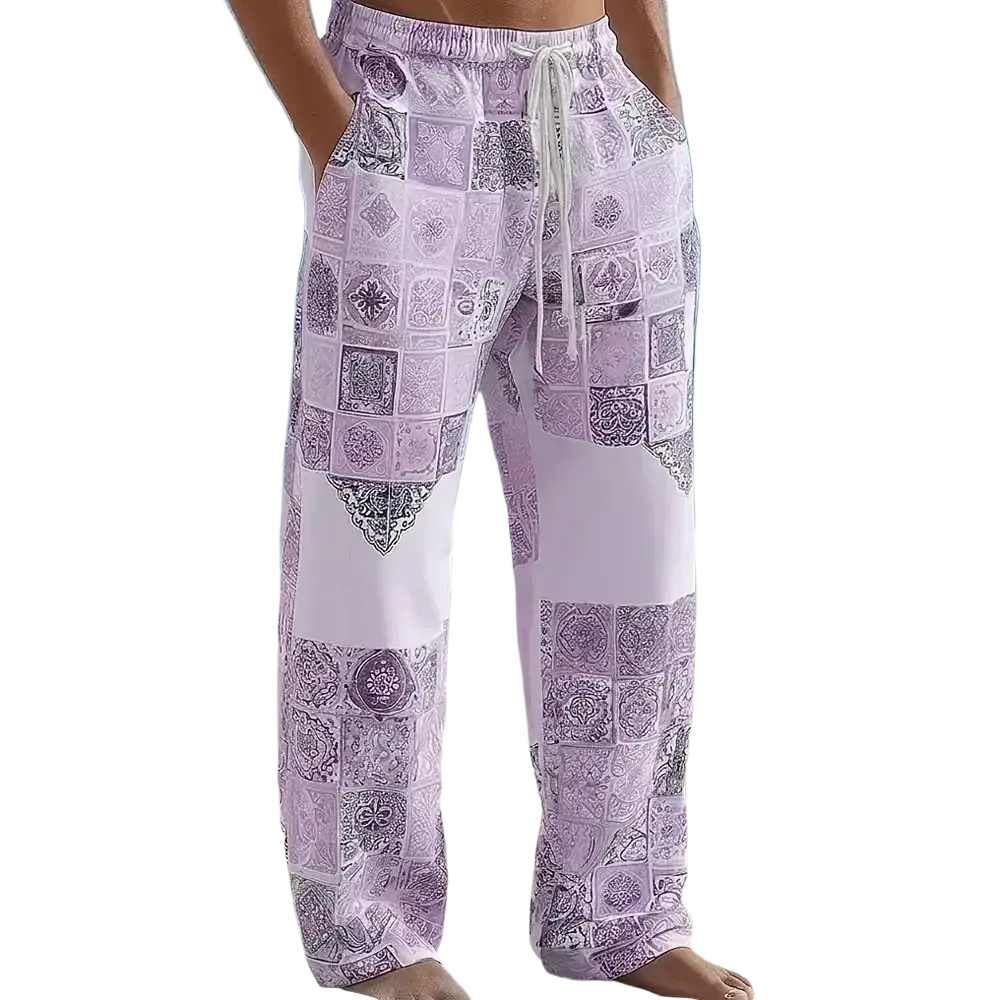 Printed casual drawstring trousers featuring purple and white ornate tile patchwork pattern for casual wear