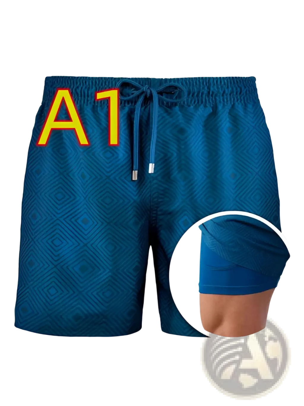 Printed men beach shorts summer swim trunks in blue with a drawstring waistband and inner mesh lining visible