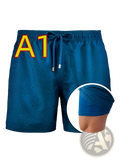 Printed men beach shorts summer swim trunks in blue with a drawstring waistband and inner mesh lining visible