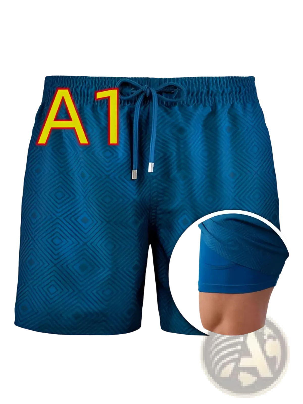 Printed men beach shorts summer swim trunks in blue with a drawstring waistband and inner mesh lining visible