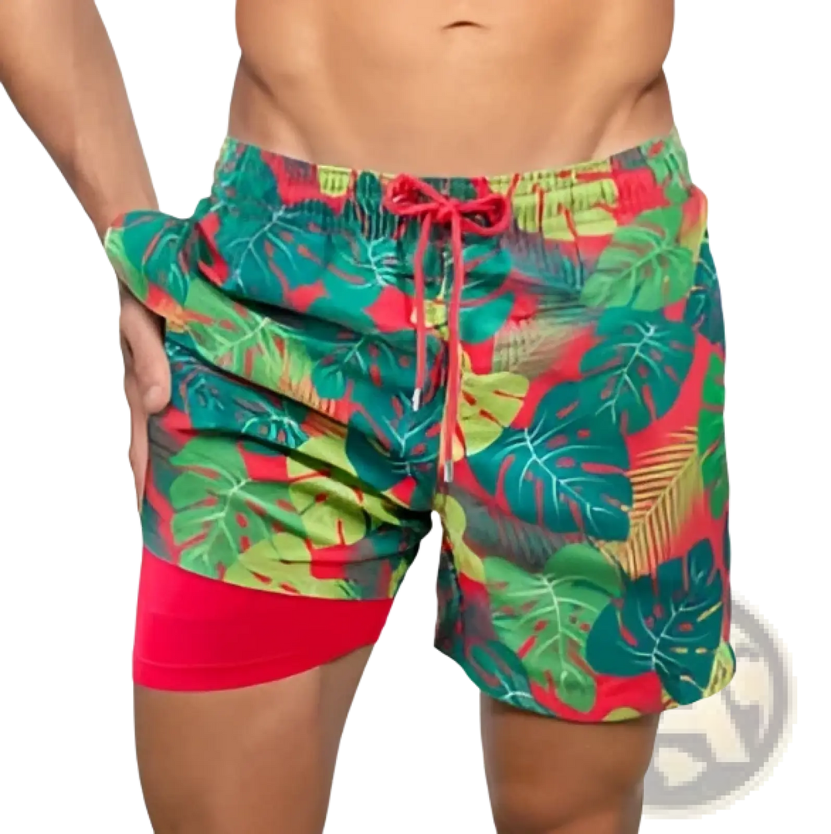 Printed men beach shorts featuring vibrant tropical leaf patterns with a red drawstring and pink inner lining