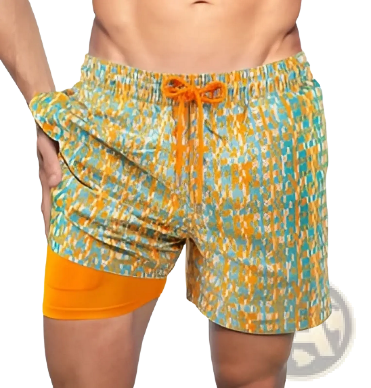 Printed men beach shorts with teal and yellow geometric pattern, orange drawstring waistband, and matching inner lining