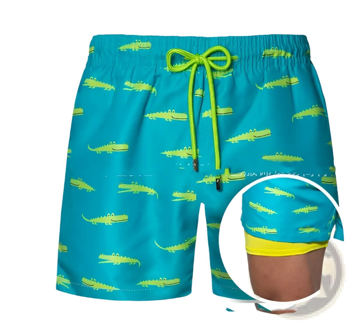 Printed men beach shorts summer swim trunks in bright turquoise with lime green alligator pattern and yellow trim