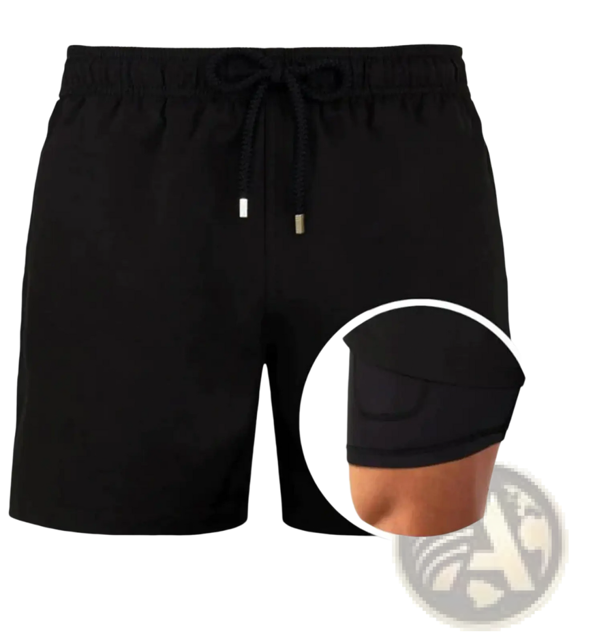 Printed men beach shorts featuring black athletic drawstring waistband and subtle side pocket detail for summer swimwear