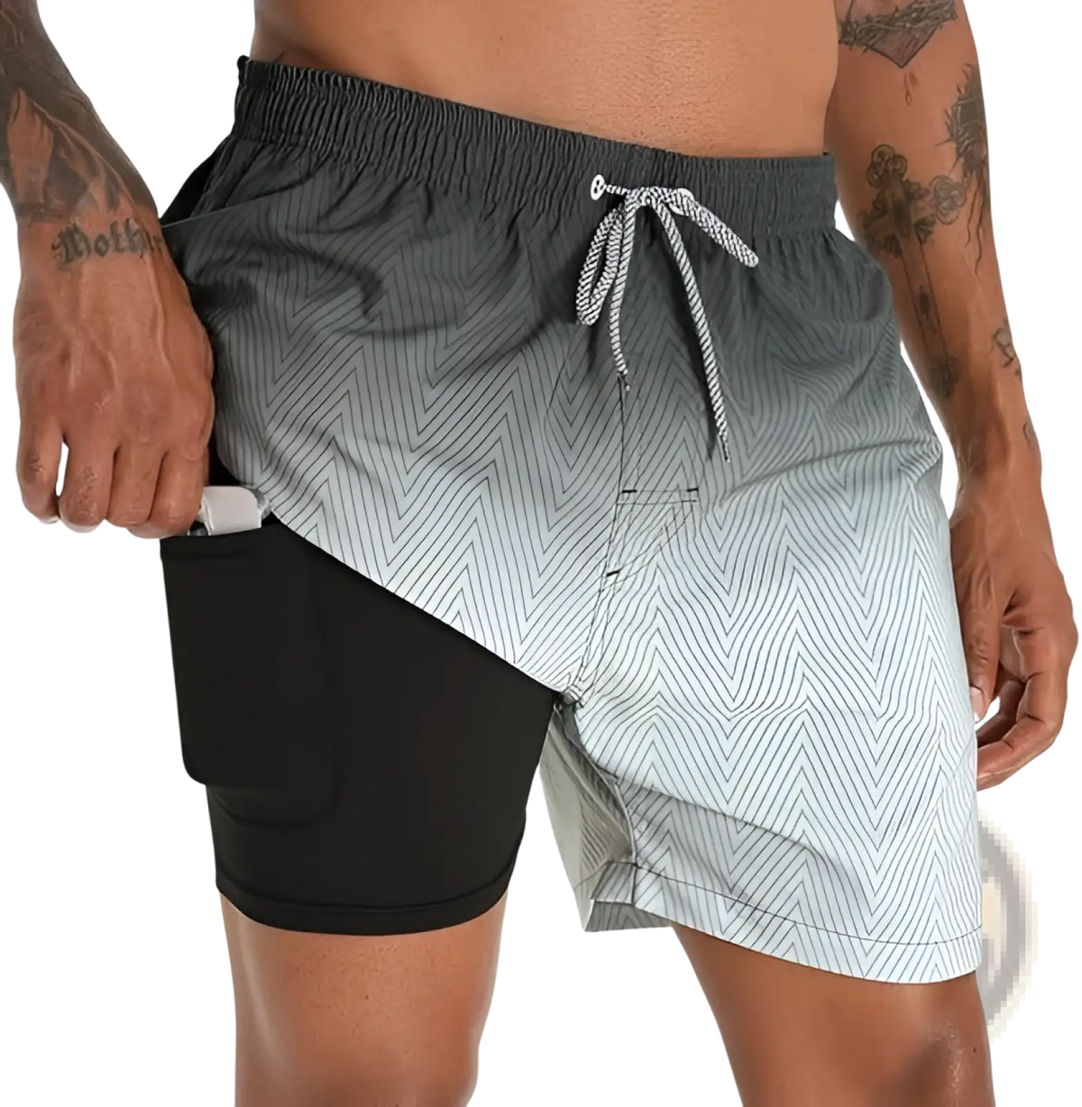 Printed men beach shorts summer swim trunks with gray and white gradient zigzag pattern elastic waistband and black inner layer