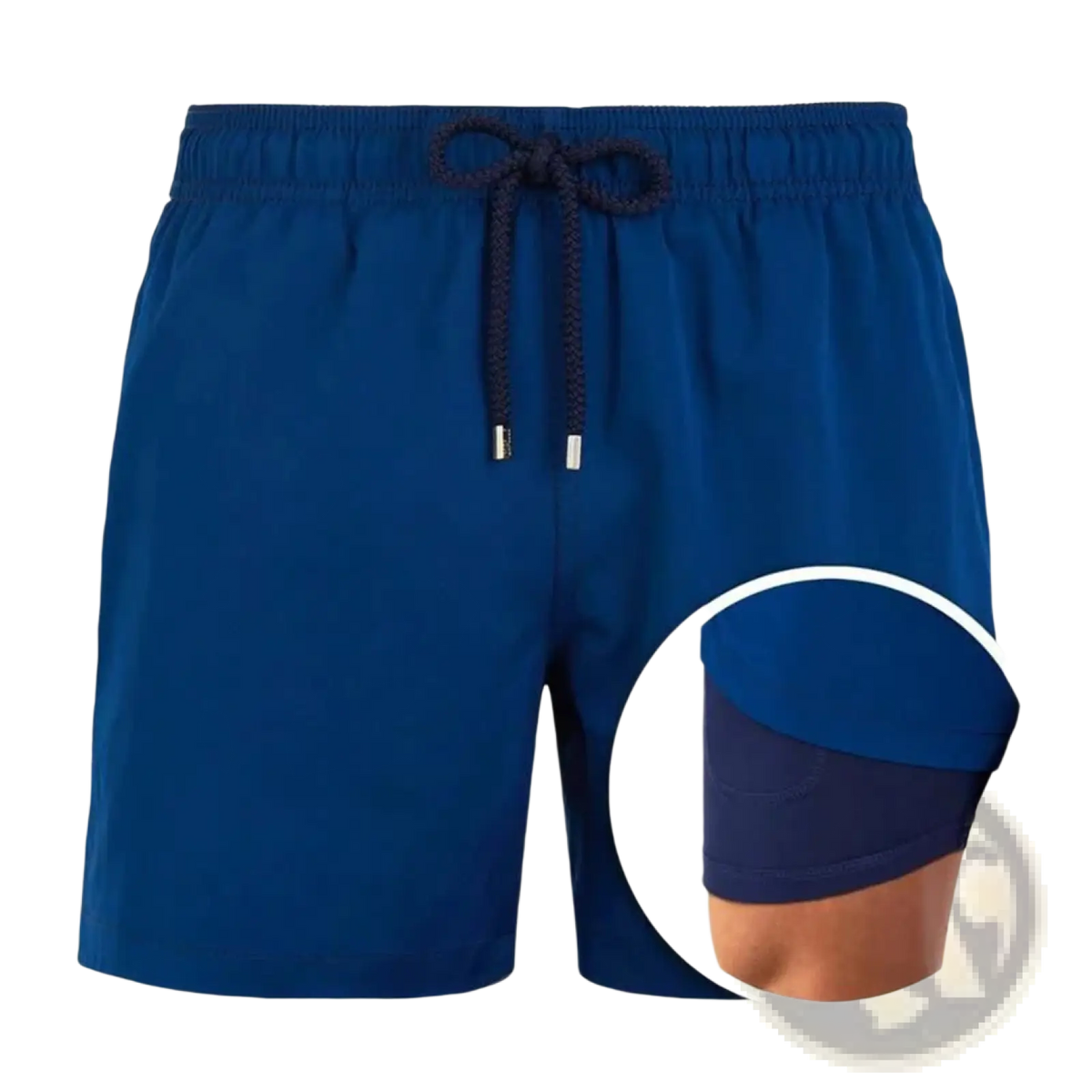 Printed men beach shorts summer swim trunks in navy blue with matching drawstring waistband and dark navy inner lining