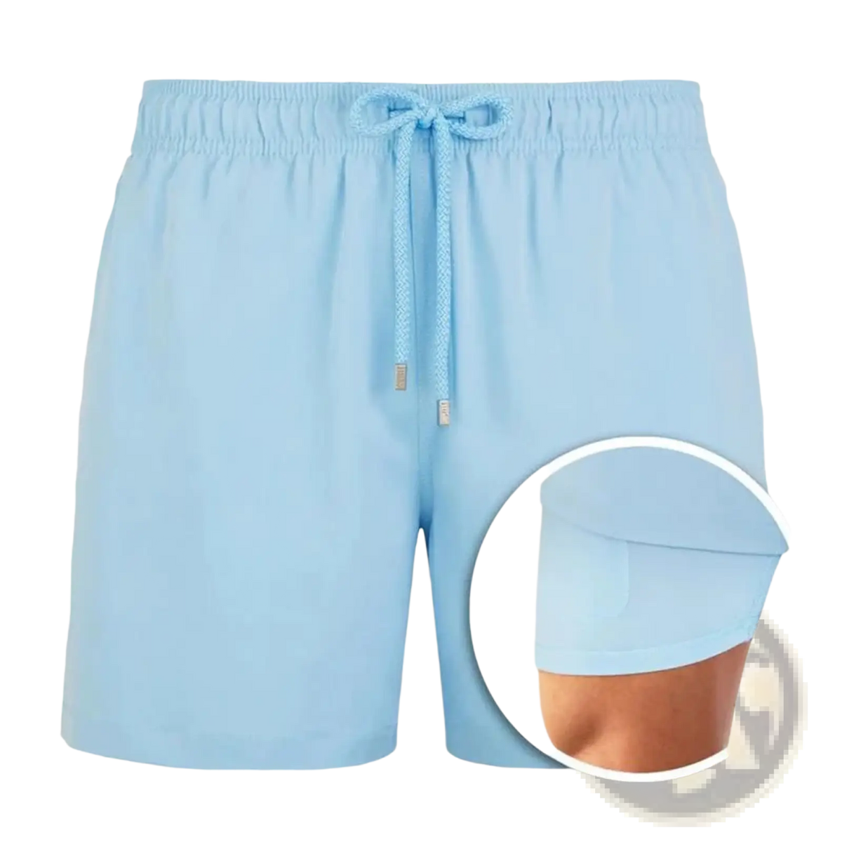 Light blue printed men beach shorts with drawstring waistband and subtle textured rope detailing for summer swimwear