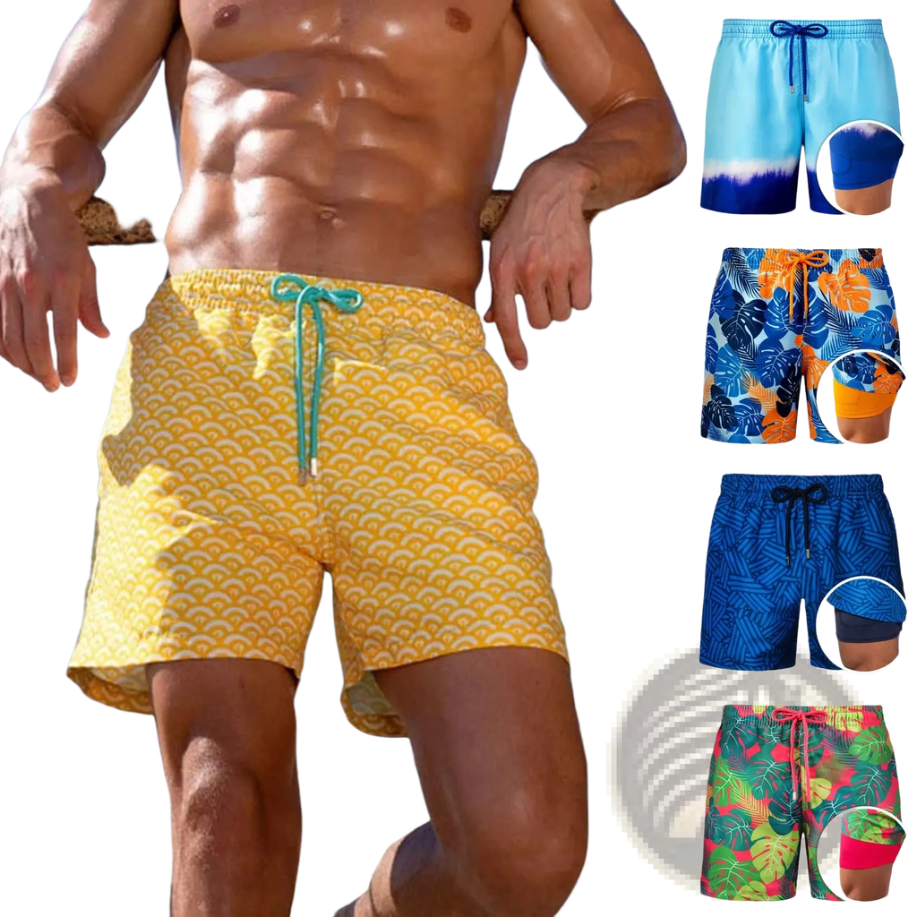 Printed men beach shorts in yellow with a scallop pattern and teal drawstring designed for summer swimming
